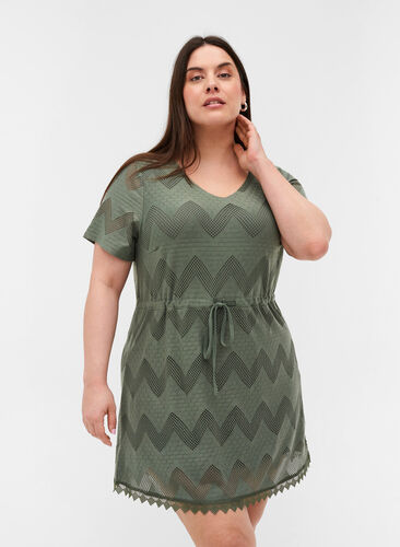 Short-sleeved tunic with adjustable waist, Agave Green, Model image number 0