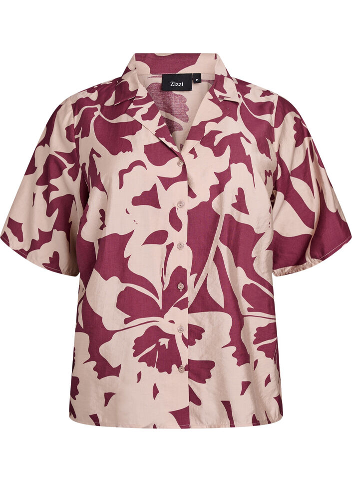 Shirt blouse with print and V-neck, Red, Packshot image number 0