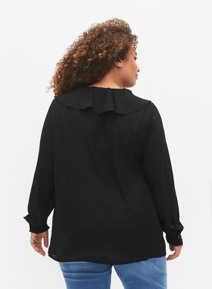Long sleeve ruffle blouse, Black, Model image number 1