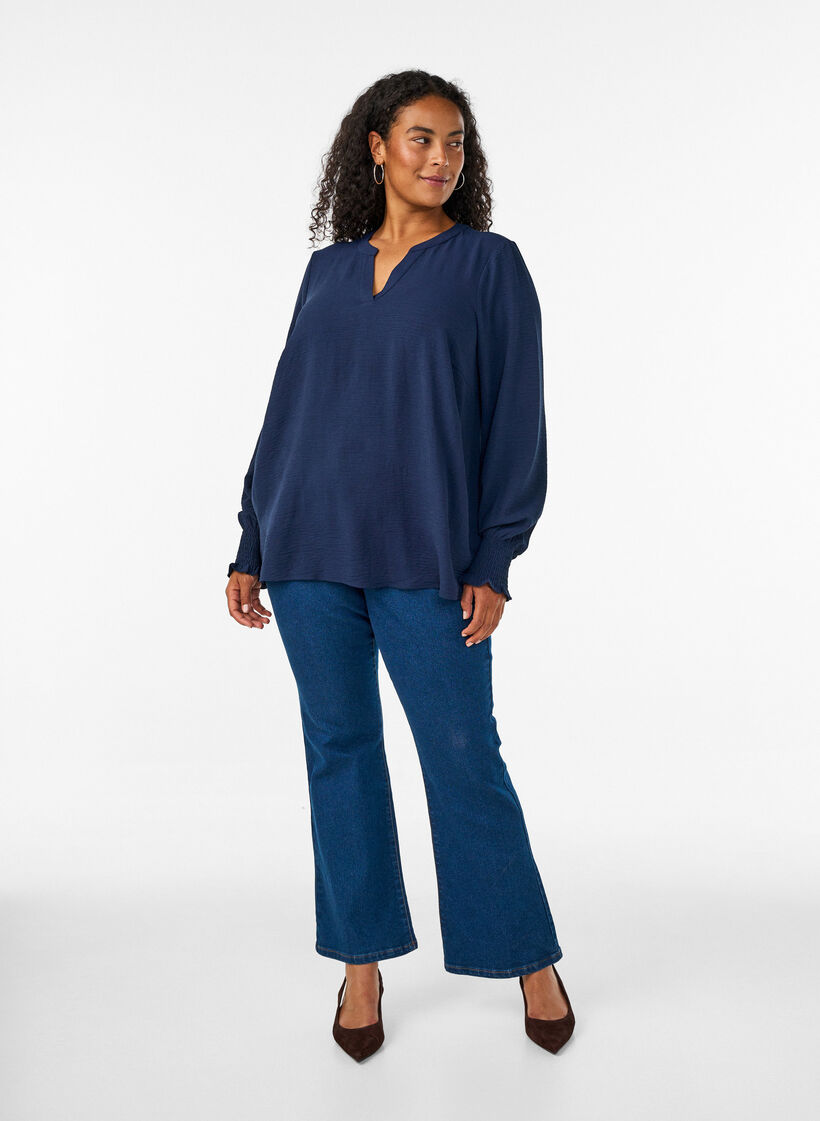 Blouse with smock cuffs and V-neck, Blue, Model image number 1