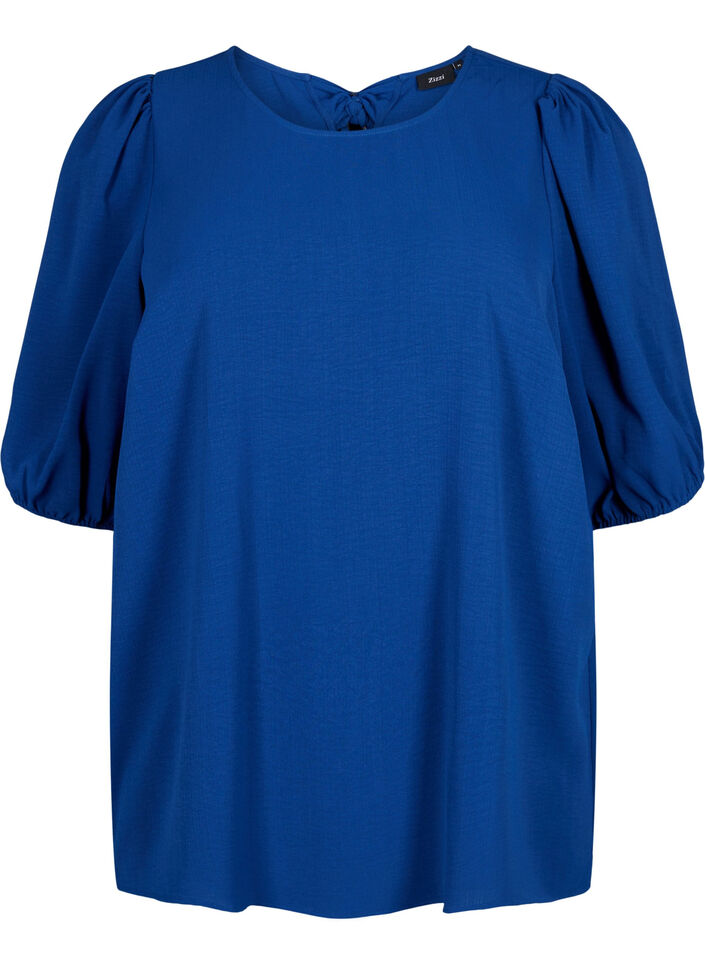 Short-sleeved blouse with a bow at the back, Estate Blue, Packshot image number 0