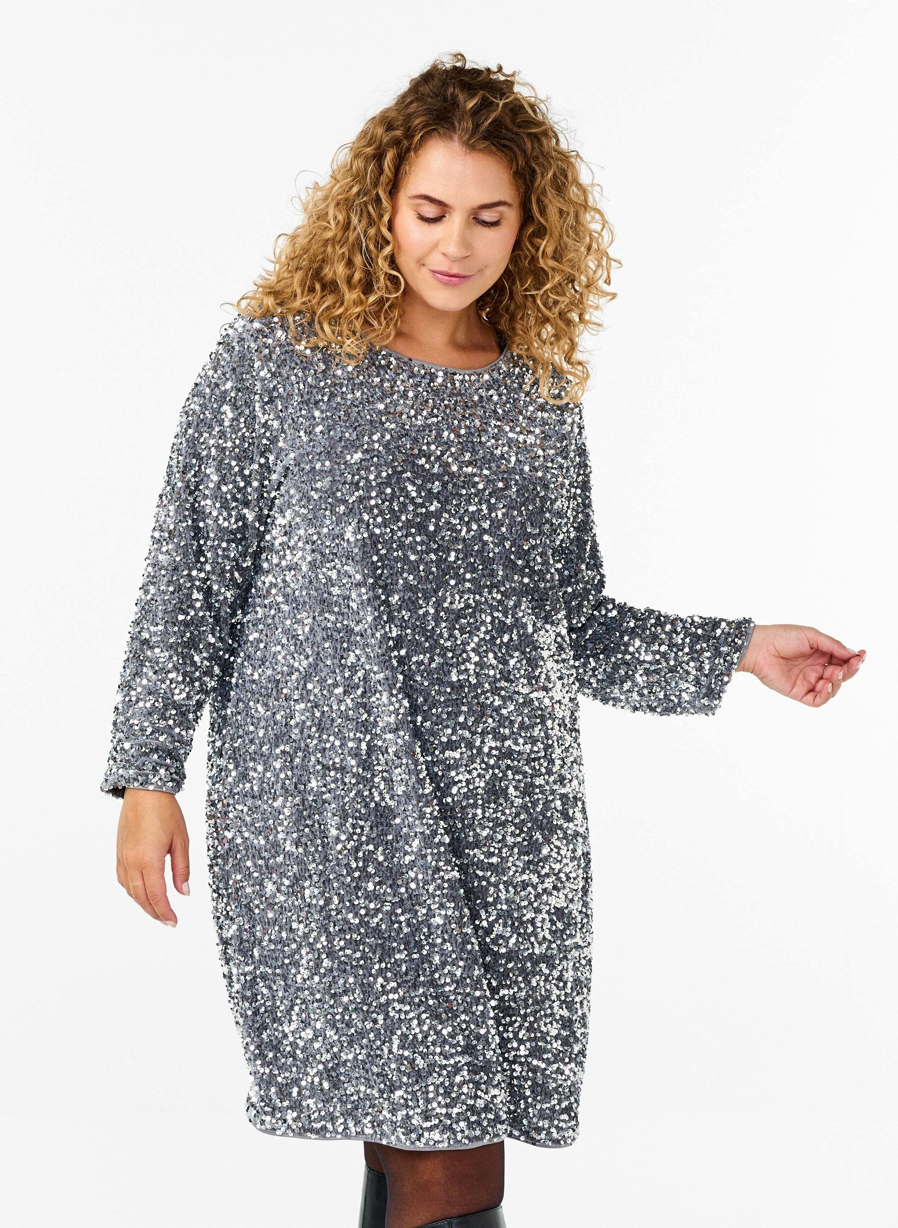 Zizzifashion Sequin dress with bow detail, Silver, Model image number 0