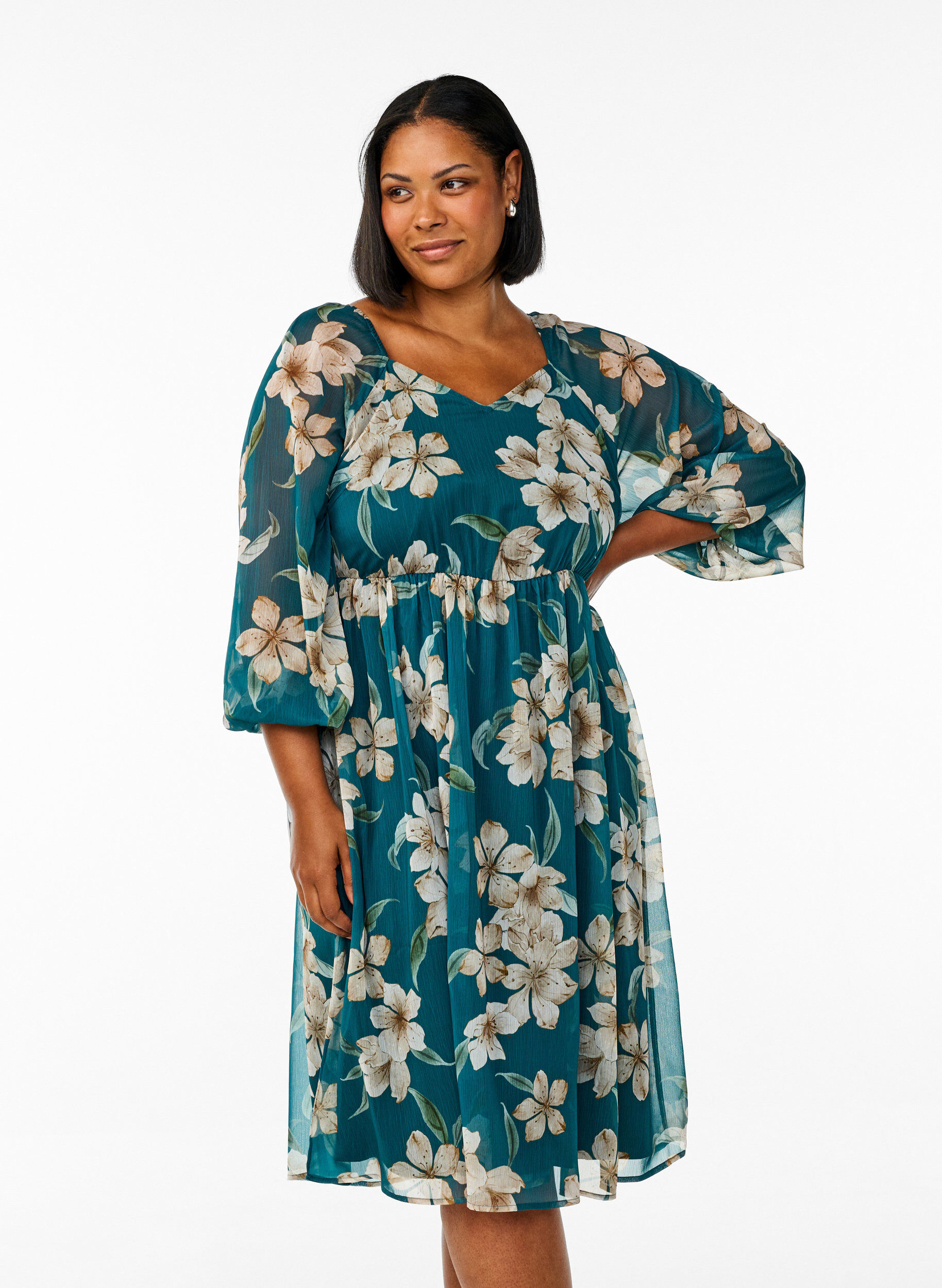 Zizzifashion Chiffon party dress with long sleeves, Green, Model image number 0