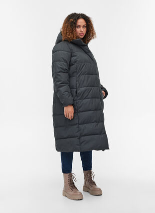Long, hooded puffer winter jacket, Dark Grey Melange, Model image number 3