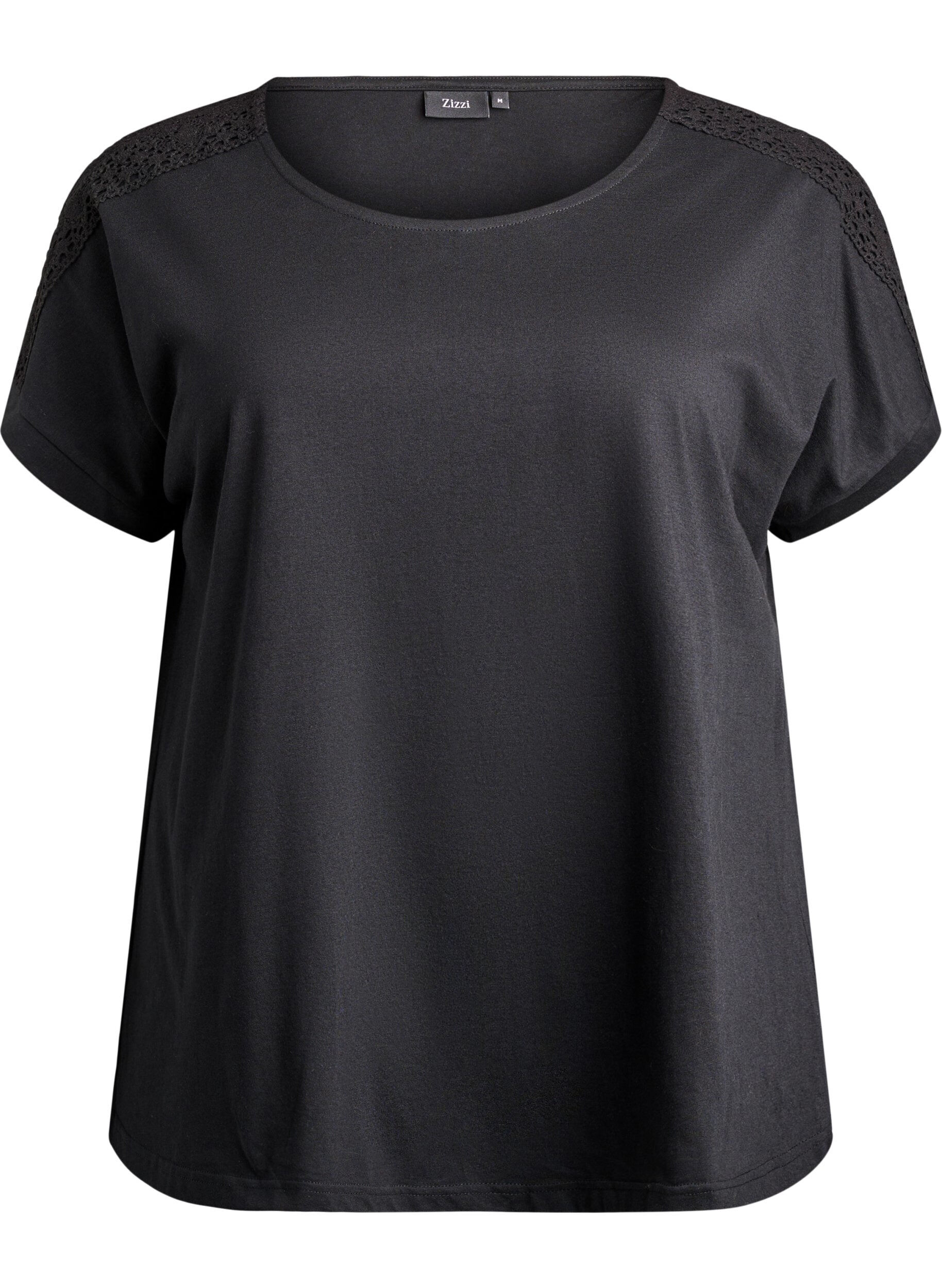 Zizzifashion Cotton T-shirt with crochet detail, Black, Packshot image number 0