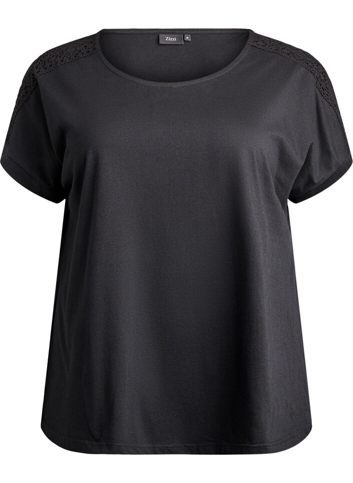 Cotton T-shirt with crochet detail, Black, Packshot image number 0