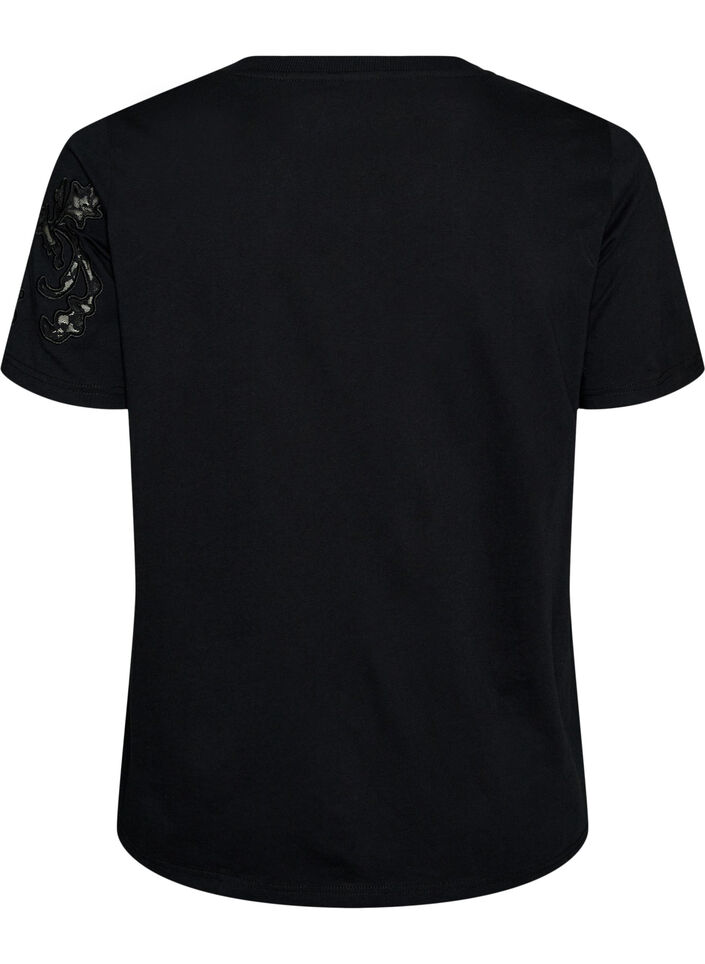 Cotton T-shirt with lace appliqu&eacute;s, Black, Packshot image number 1