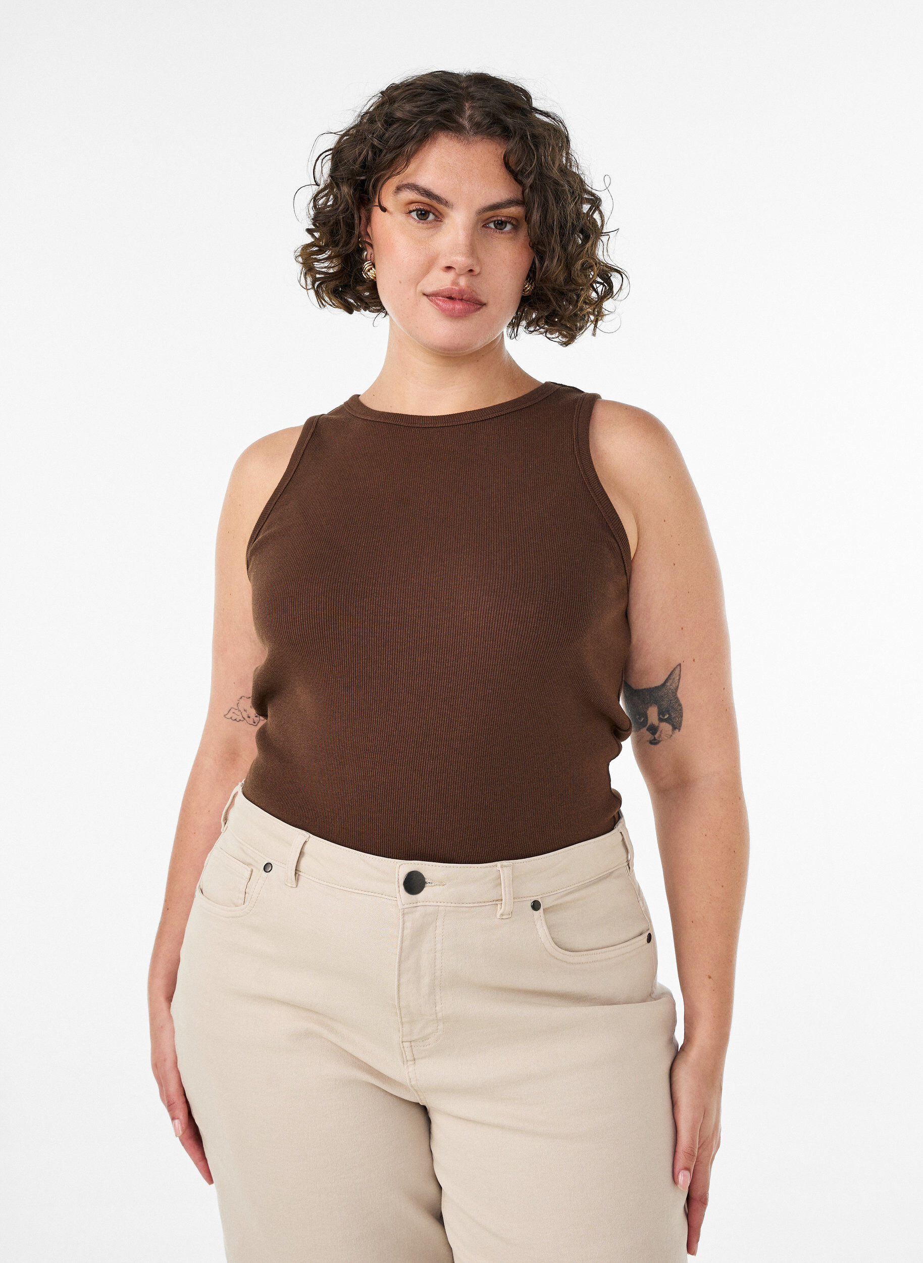 Cotton ribbed top with high neck, Brown, Model