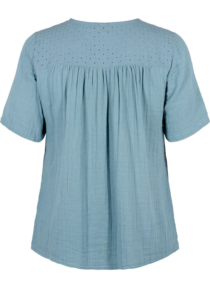 Cotton blouse with embroidery and short sleeves, Smoke Blue, Packshot image number 1
