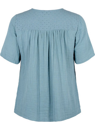 Cotton blouse with embroidery and short sleeves, Smoke Blue, Packshot image number 1