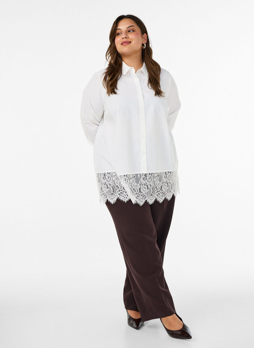 Loose shirt with a wide lace trim, White, Model image number 1