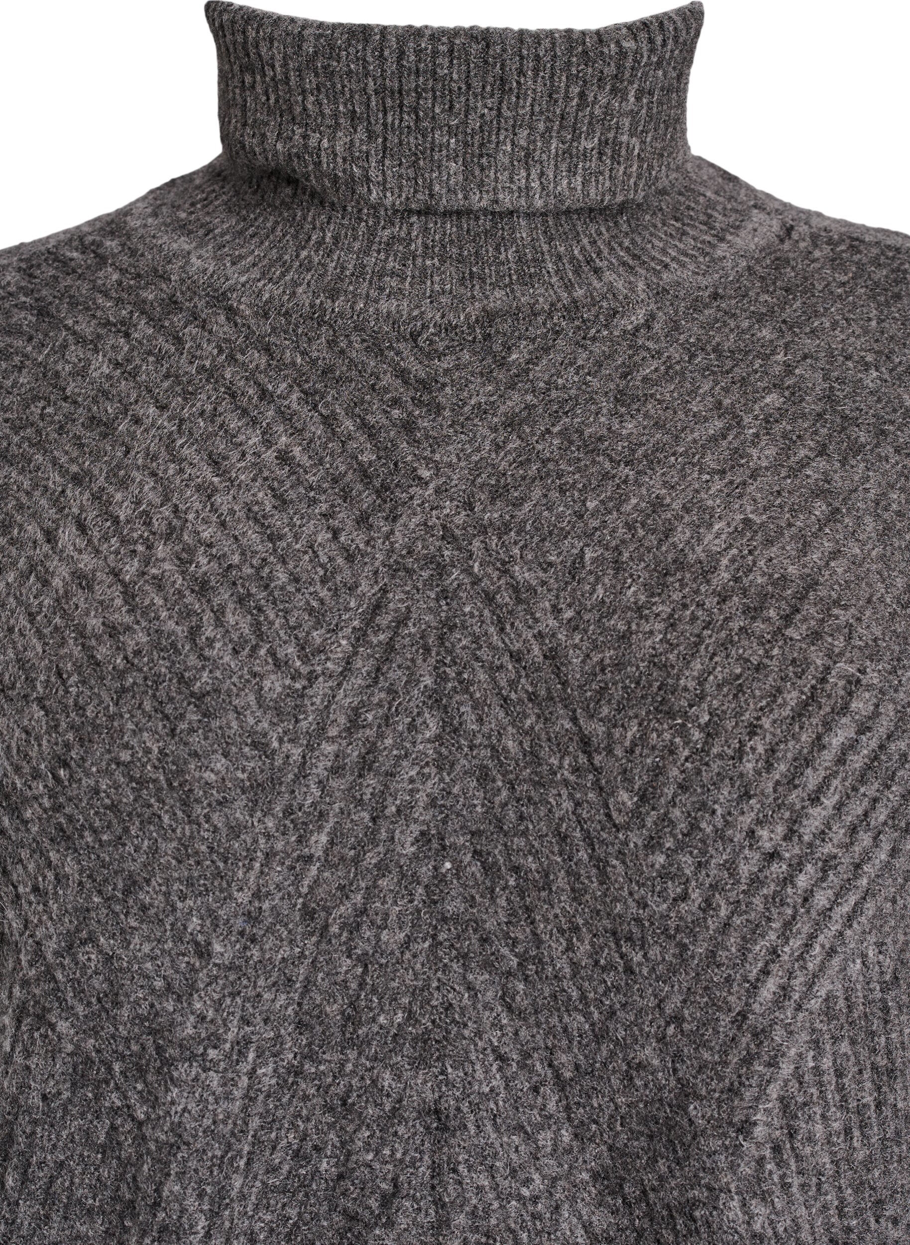 Zizzifashion Short knitted dress with a turtleneck and ribbed texture, Dark Grey, Packshot image number 2