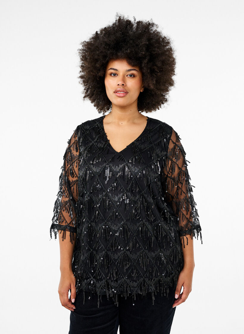 Party blouse with sequin fringes and 3/4 sleeves, Black, Model image number 0