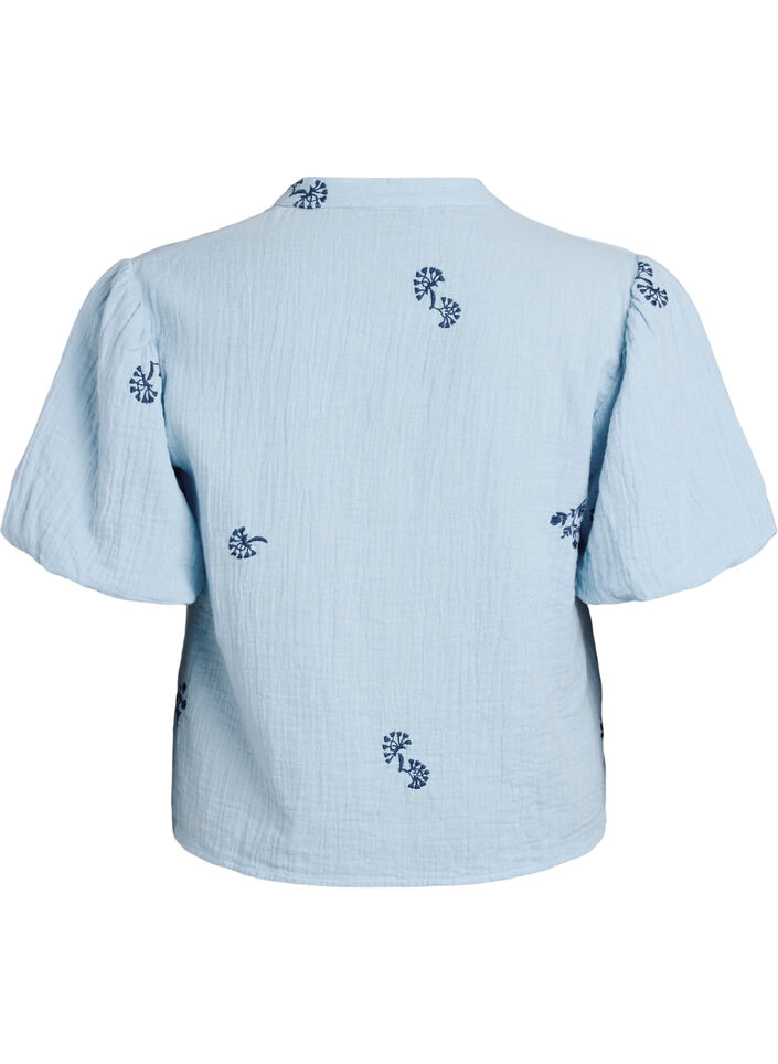 Blouse in cotton muslin with balloon sleeves and embroidered details, Light Blue, Packshot image number 1