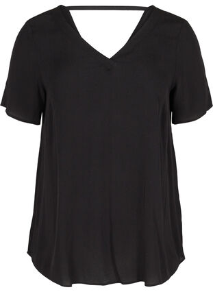 Short-sleeved viscose blouse with V-neckline, Black, Packshot image number 0