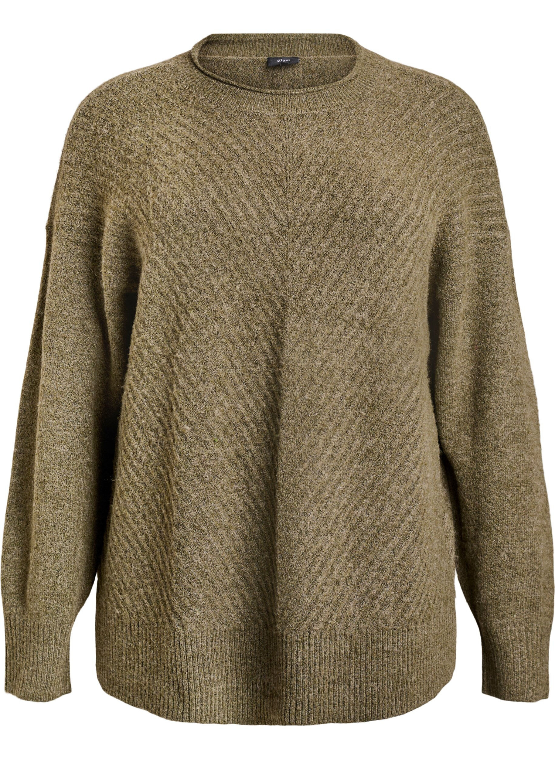 ZizzifashionKnitted blouse with V-shaped rib pattern and slits, Green, Packshot image number 0