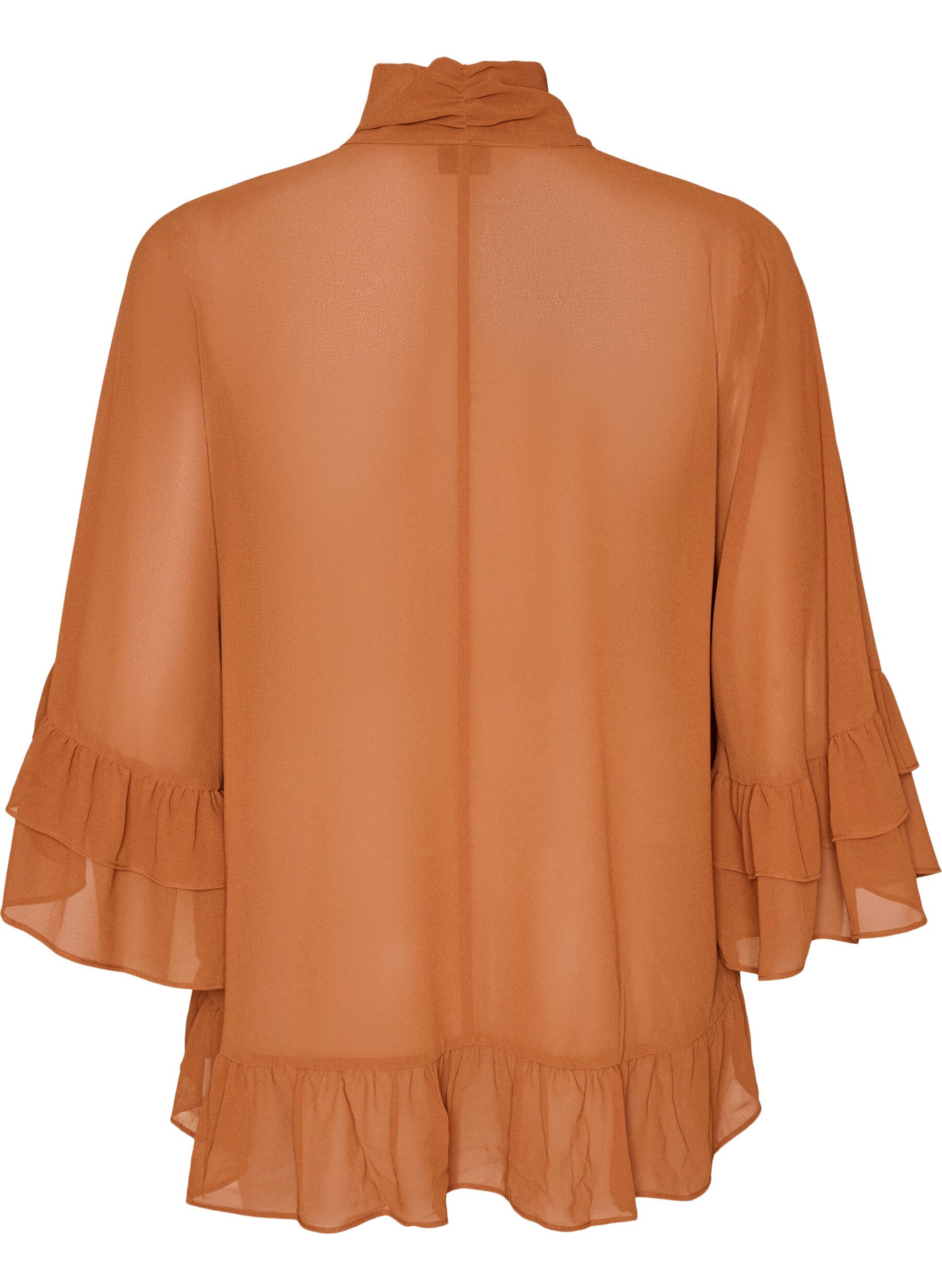 ZizzifashionBlouse with ribbon tie and ruffle details, Brown, Packshot image number 1