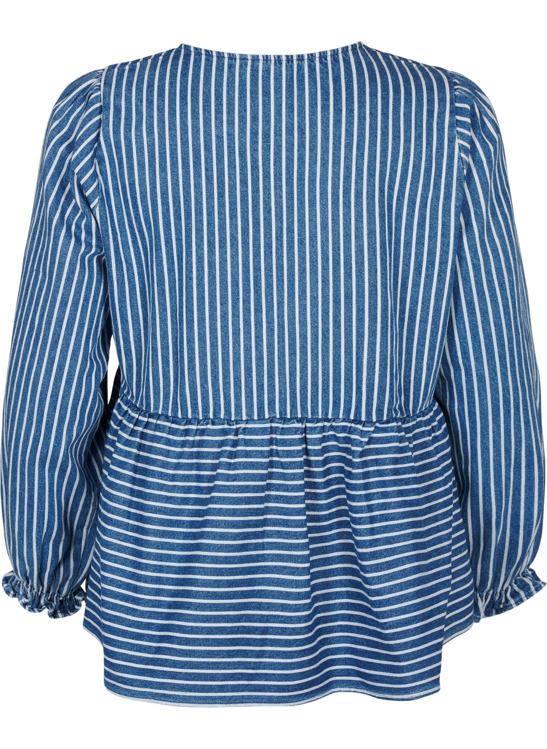 Zizzifashion Striped denim blouse with front tie, Blue, Packshot image number 1