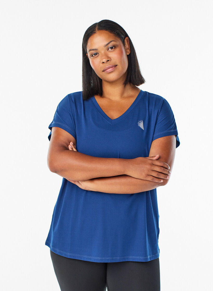 Loose training t-shirt with v-neck, Blue, Model image number 0