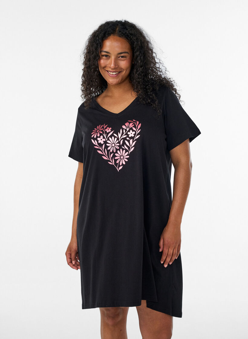 Organic cotton nightdress with V-neck, Black, Model image number 0