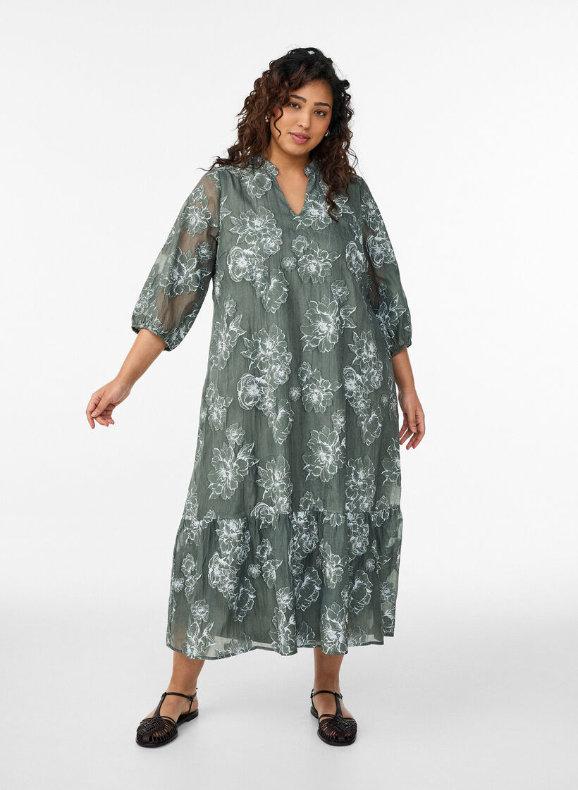 Midi dress with a floral print and sheer 3/4 sleeves, Green, Model image number 0