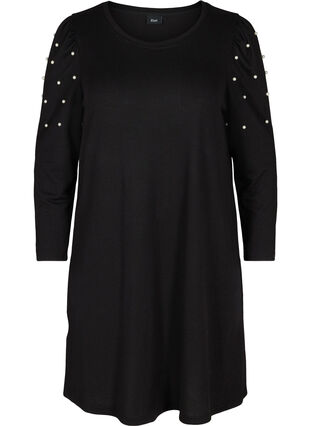 Dress with long puff sleeves and pearls, Black, Packshot image number 0