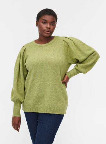 Melange knit sweater with puff sleeves, Green Olive Mel., Model image number 0