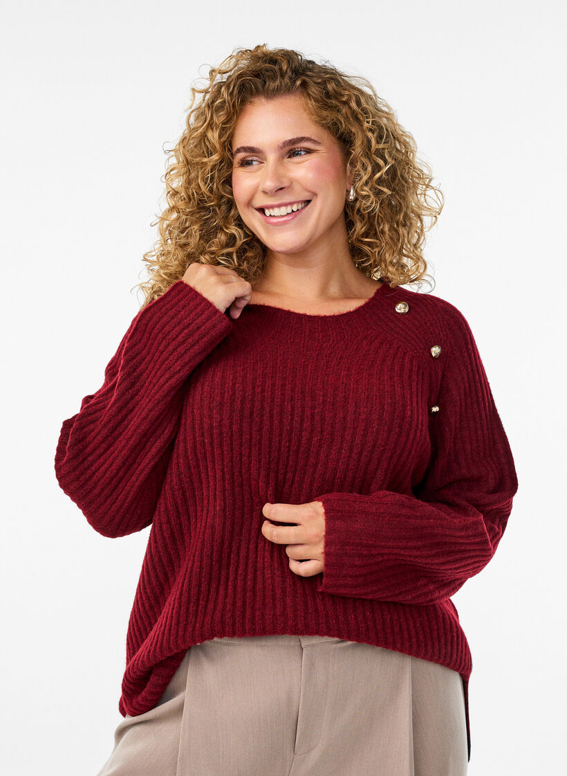 Ribbed jumper with decorative buttons, Red, Model image number 0