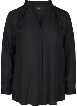 Long sleeve shirt with ruffle collar, Black, Packshot image number 0