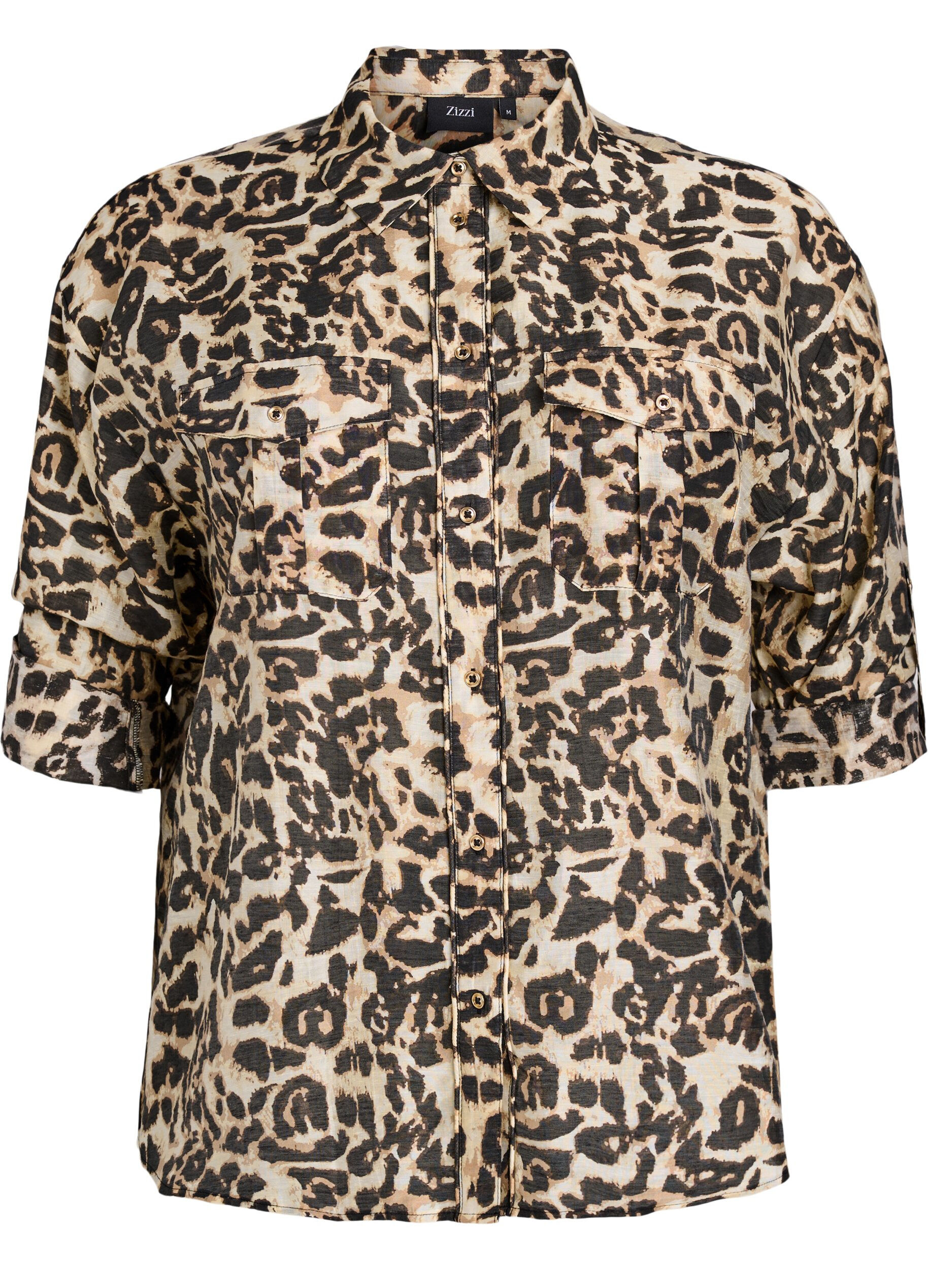 Zizzifashion Loose shirt with animal print and chest pockets, Brown, Packshot image number 0