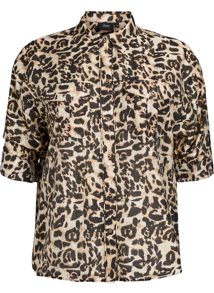 Loose shirt with animal print and chest pockets, Brown, Packshot image number 0
