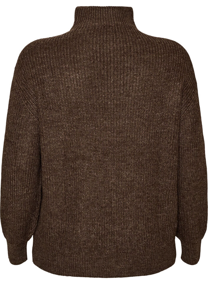 Knitted sweater with high neck and zipper, Brown, Packshot image number 1
