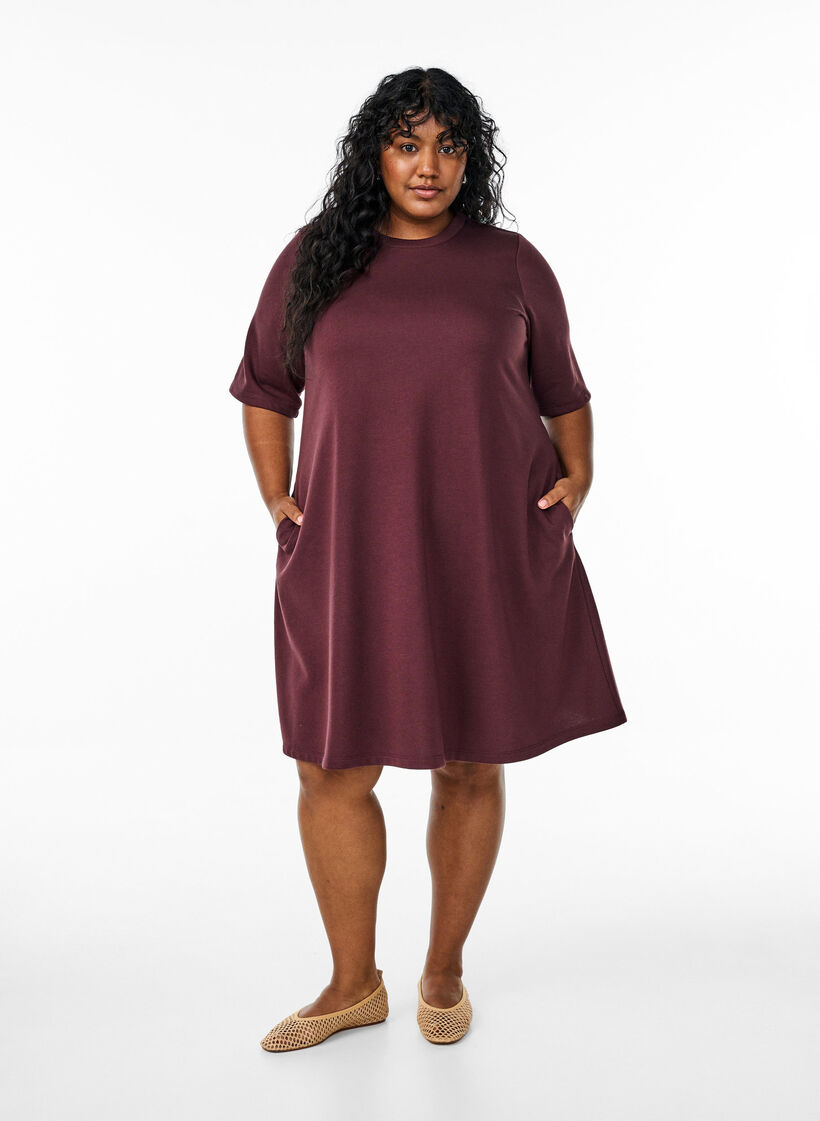 Knee-length jersey dress with pockets and A-line shape, Dark Bordeaux, Model image number 0