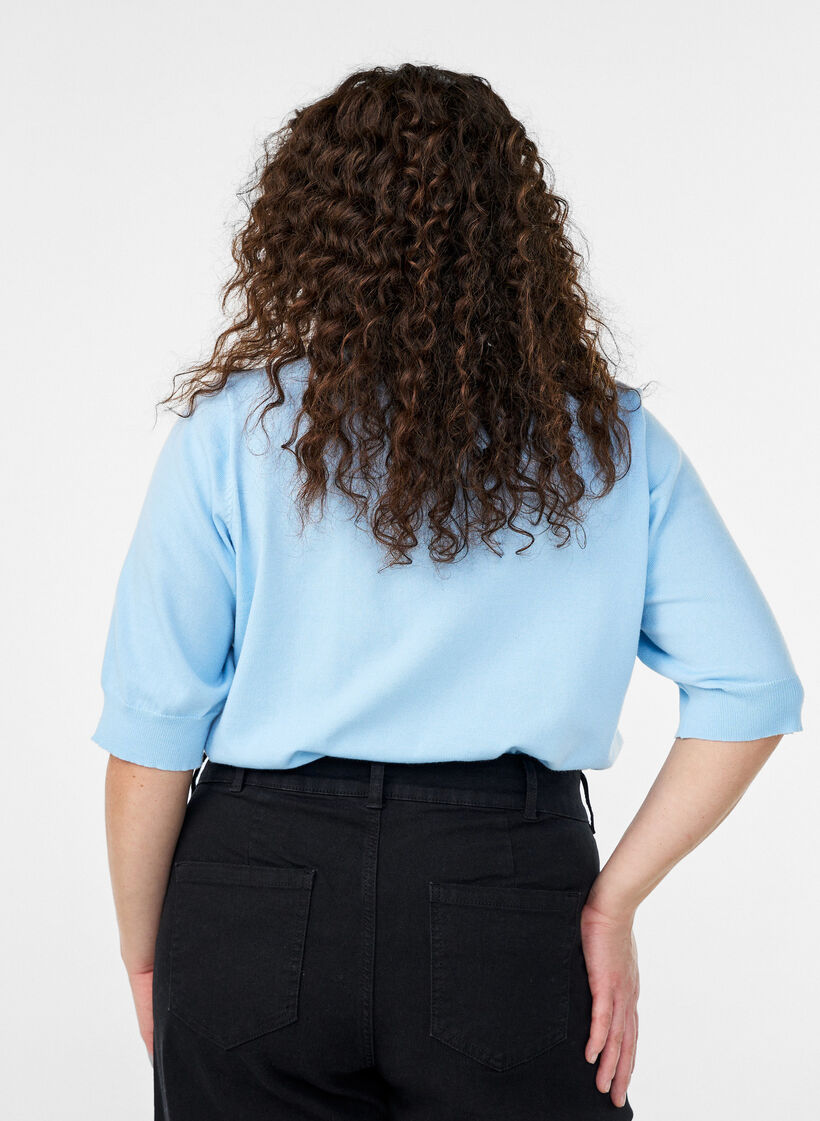Fine-knit blouse with short sleeves, Light Blue, Model image number 2