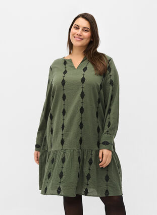 Patterned cotton dress with v-neck and long sleeves, Thyme, Model image number 0