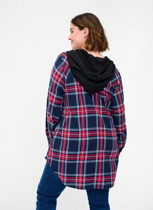Checked shirt jacket with hood, Night Sky/Red Check, Model image number 1