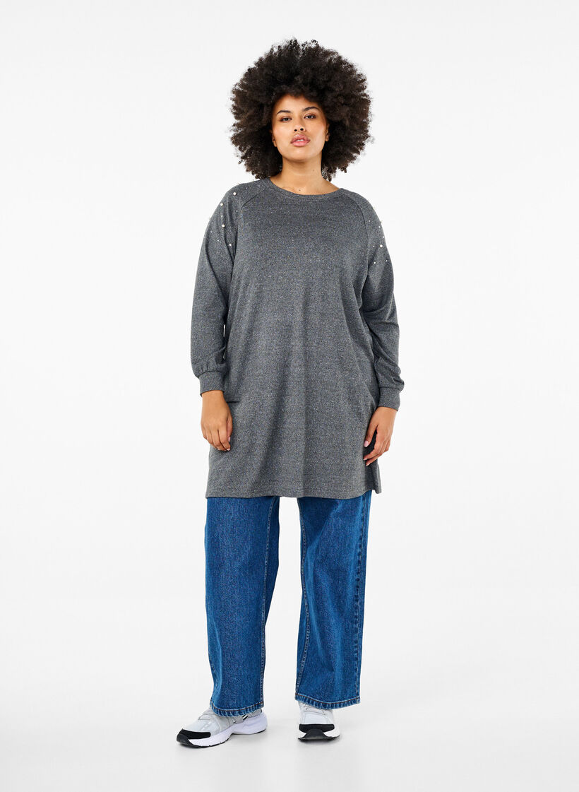 Long-sleeved dress with pearls, Dark Grey, Model image number 1
