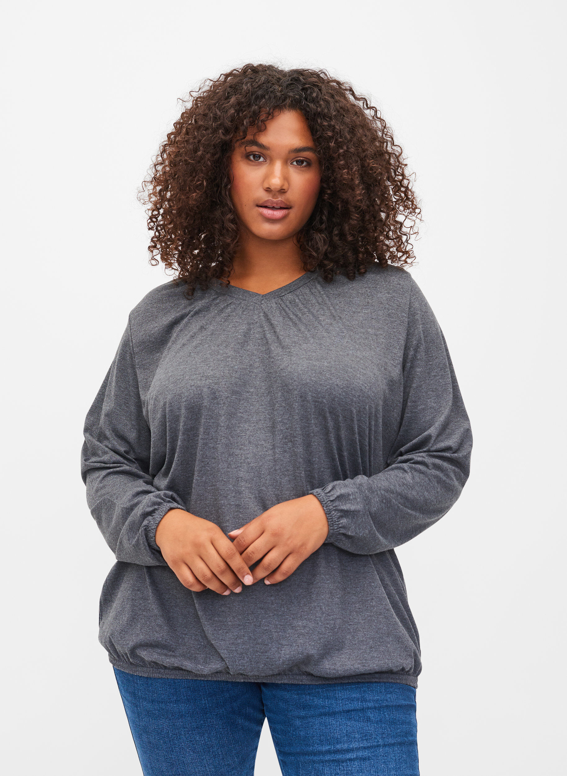 Zizzifashion Melange top with long sleeves and v cutting, Dark Grey Melange, Model image number 0