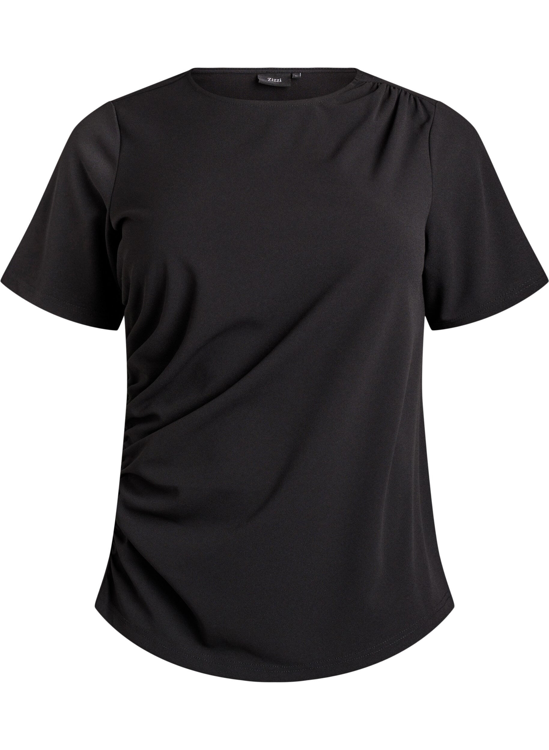 Short-sleeved blouse with ruching and an asymmetrical hem