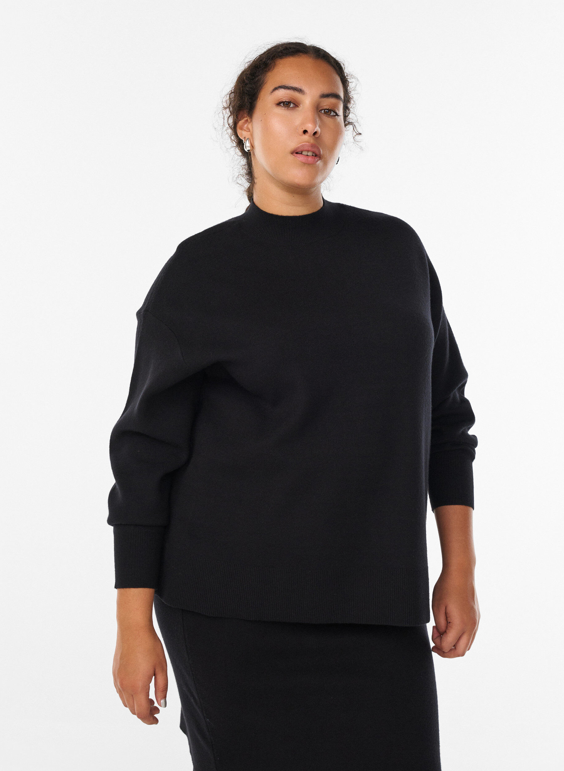 Knit blouse with high neck, Black, Model
