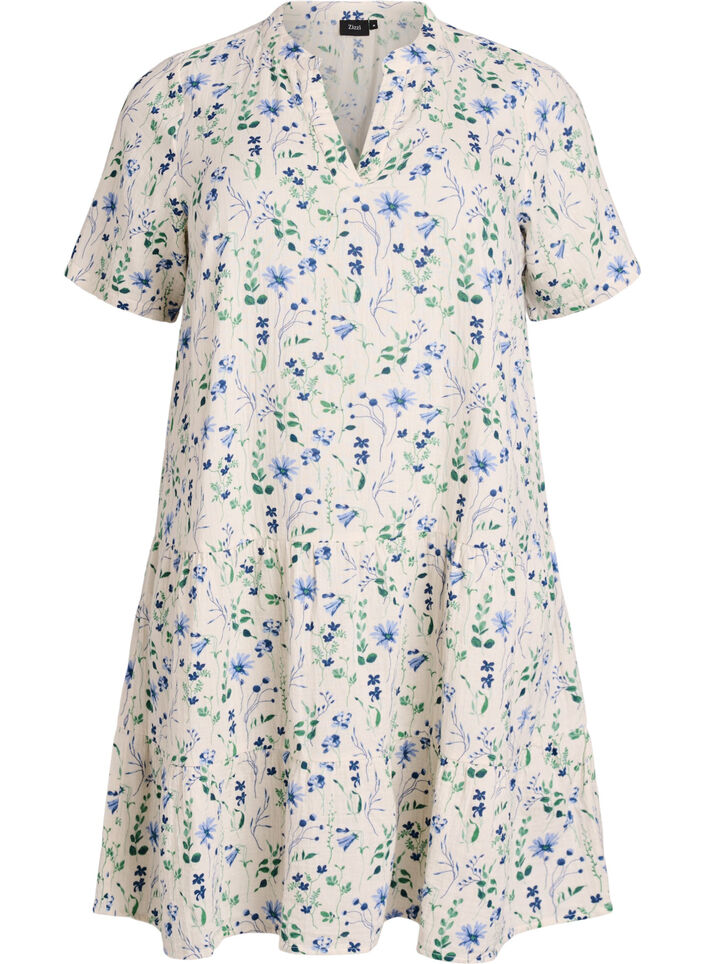 Short A-line dress in cotton muslin, Beige, Packshot image number 0