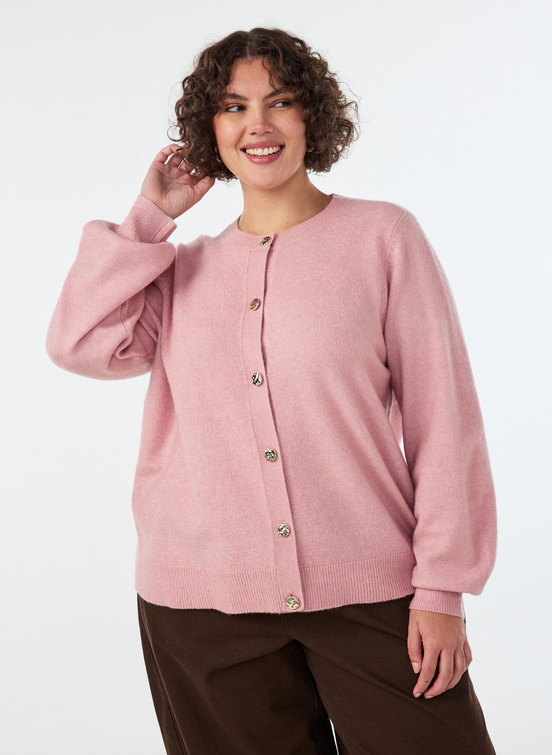 ZizzifashionCardigan in a soft knit with gold-coloured buttons, Red, Model image number 0