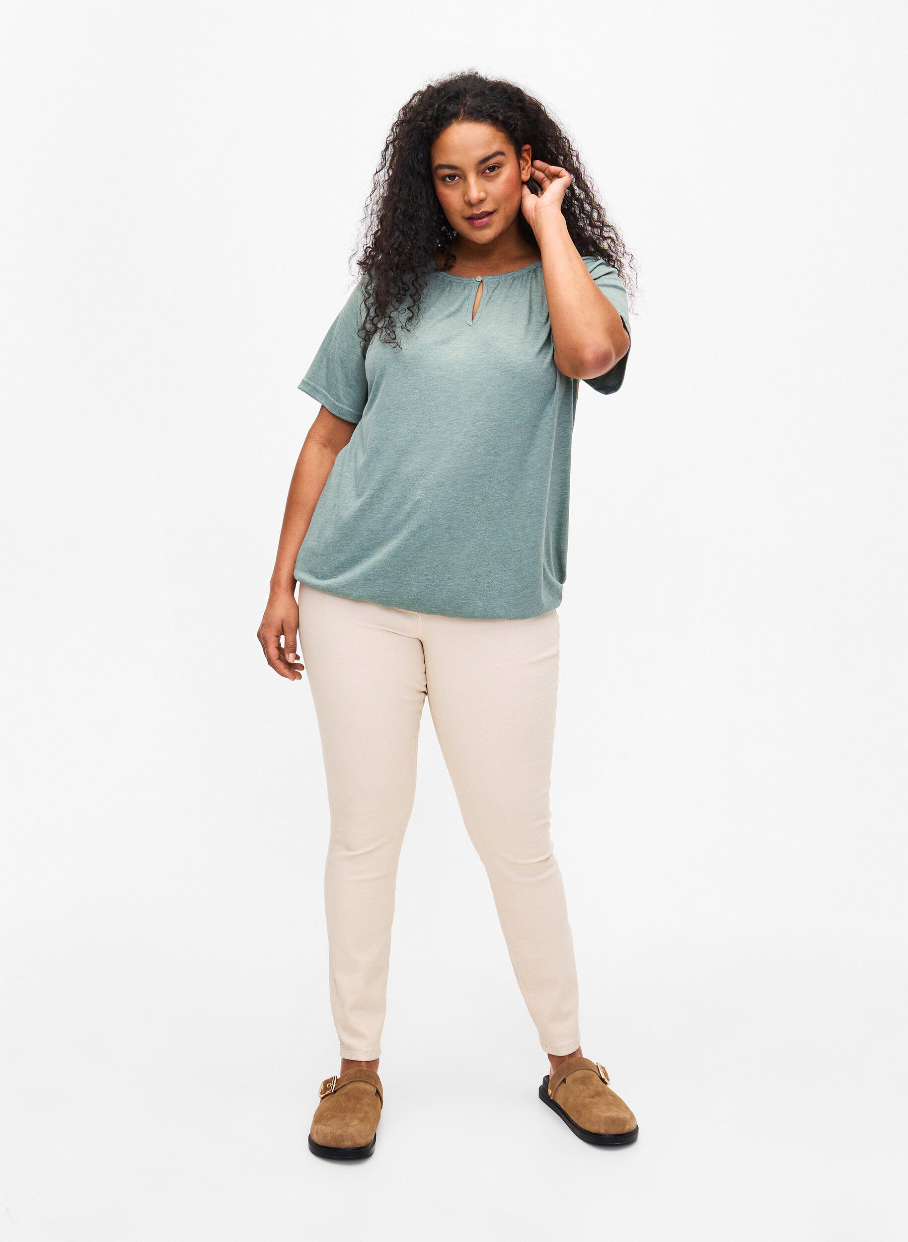 Zizzifashion Melange blouse with short sleeves, Chinois Green Mel., Model image number 2