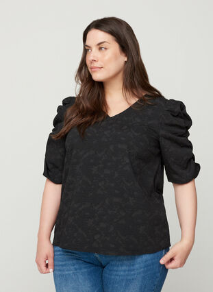 Textured puff sleeve blouse, Black, Model image number 0