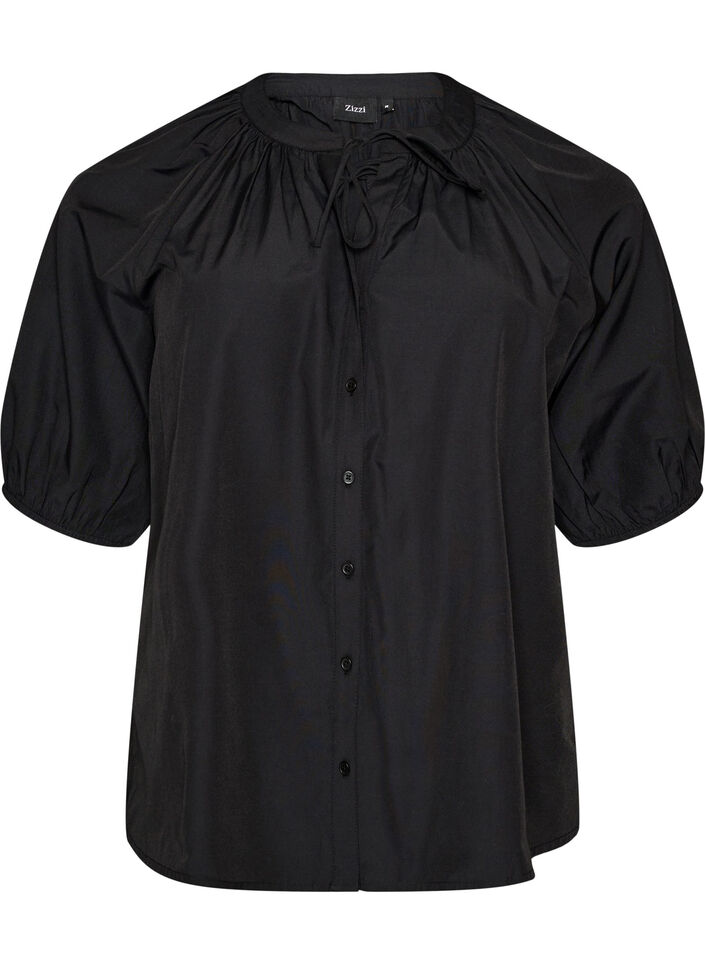 Shirt blouse with button fastening and tie-belt, Black, Packshot image number 0