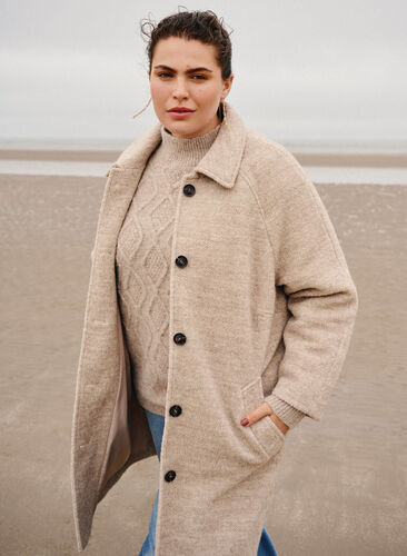 Plaid bouclé coat with buttons, Simply Taupe, Image image number 0