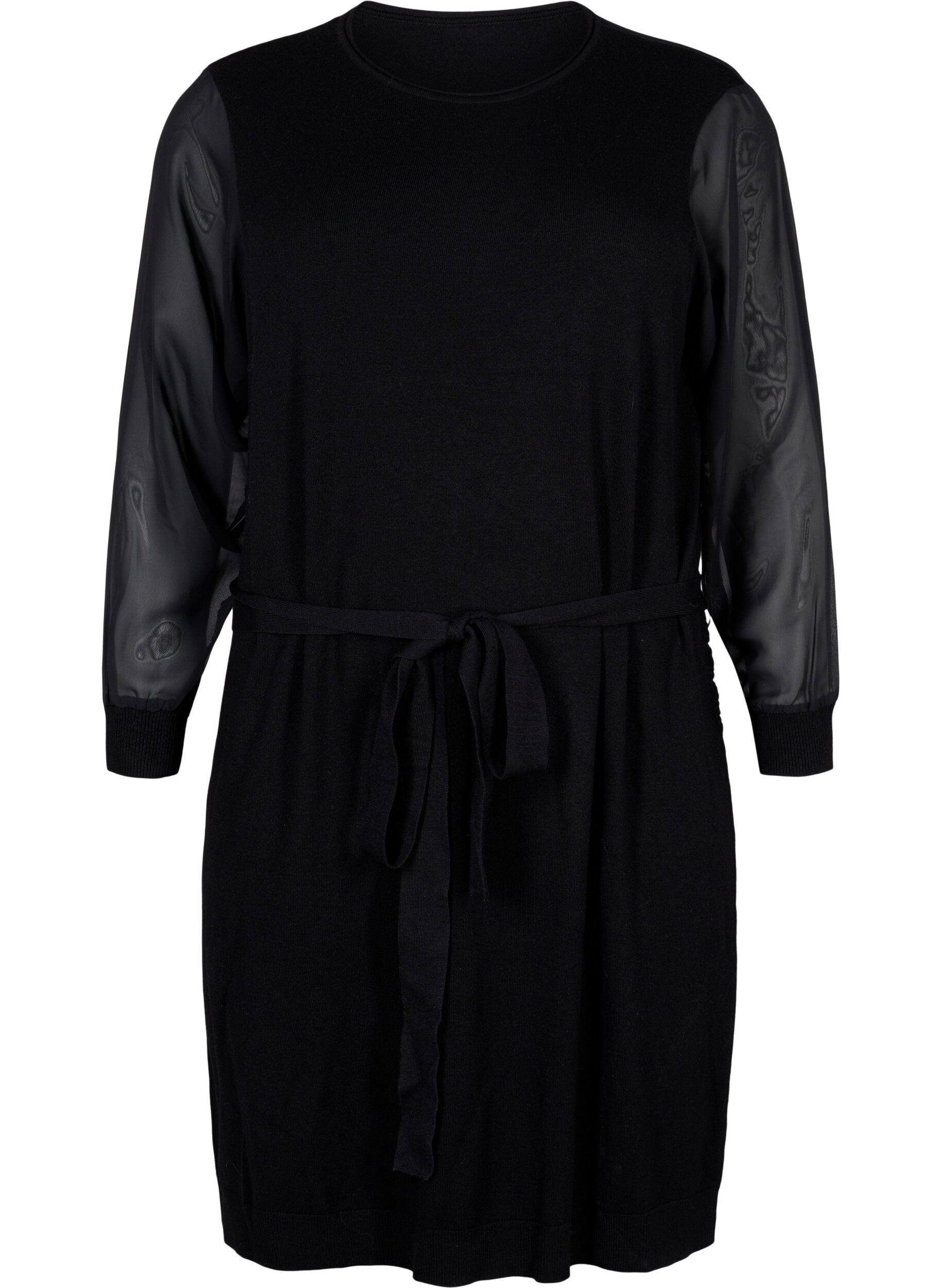Zizzifashion Knitted dress with sheer sleeves, Black, Packshot image number 0