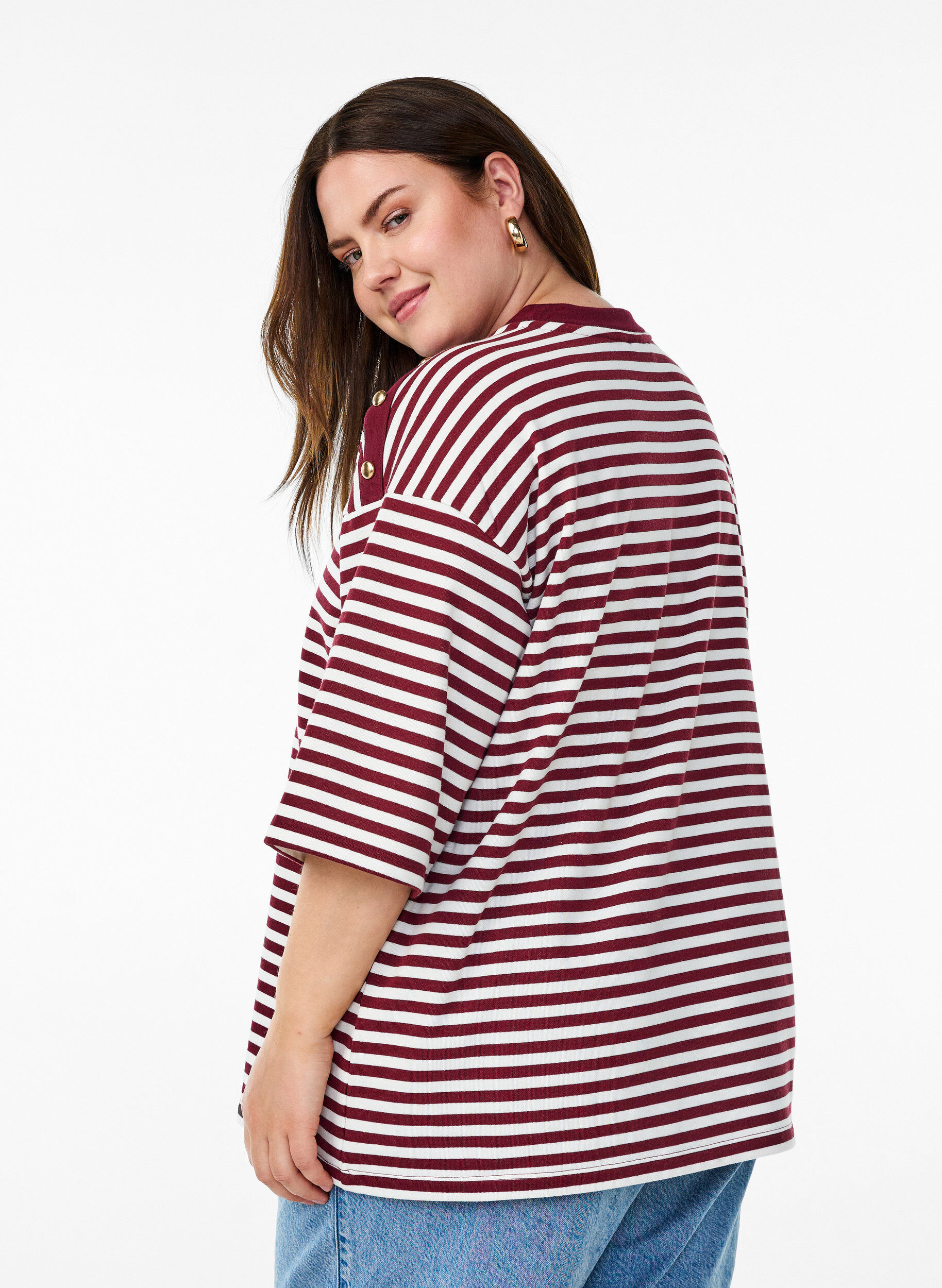 Zizzifashion Striped blouse with 3/4 sleeves and button detail, Red, Model image number 2