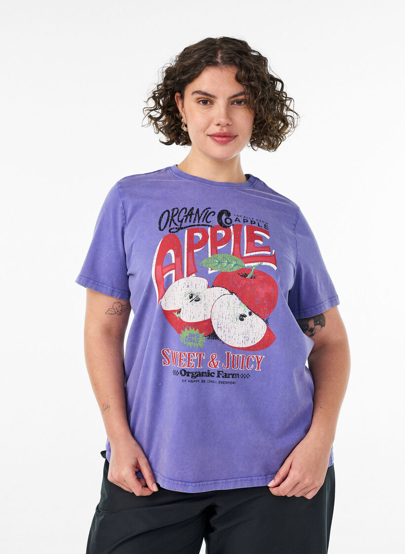 Cotton T-shirt with front print and a washed look, Purple, Model image number 0