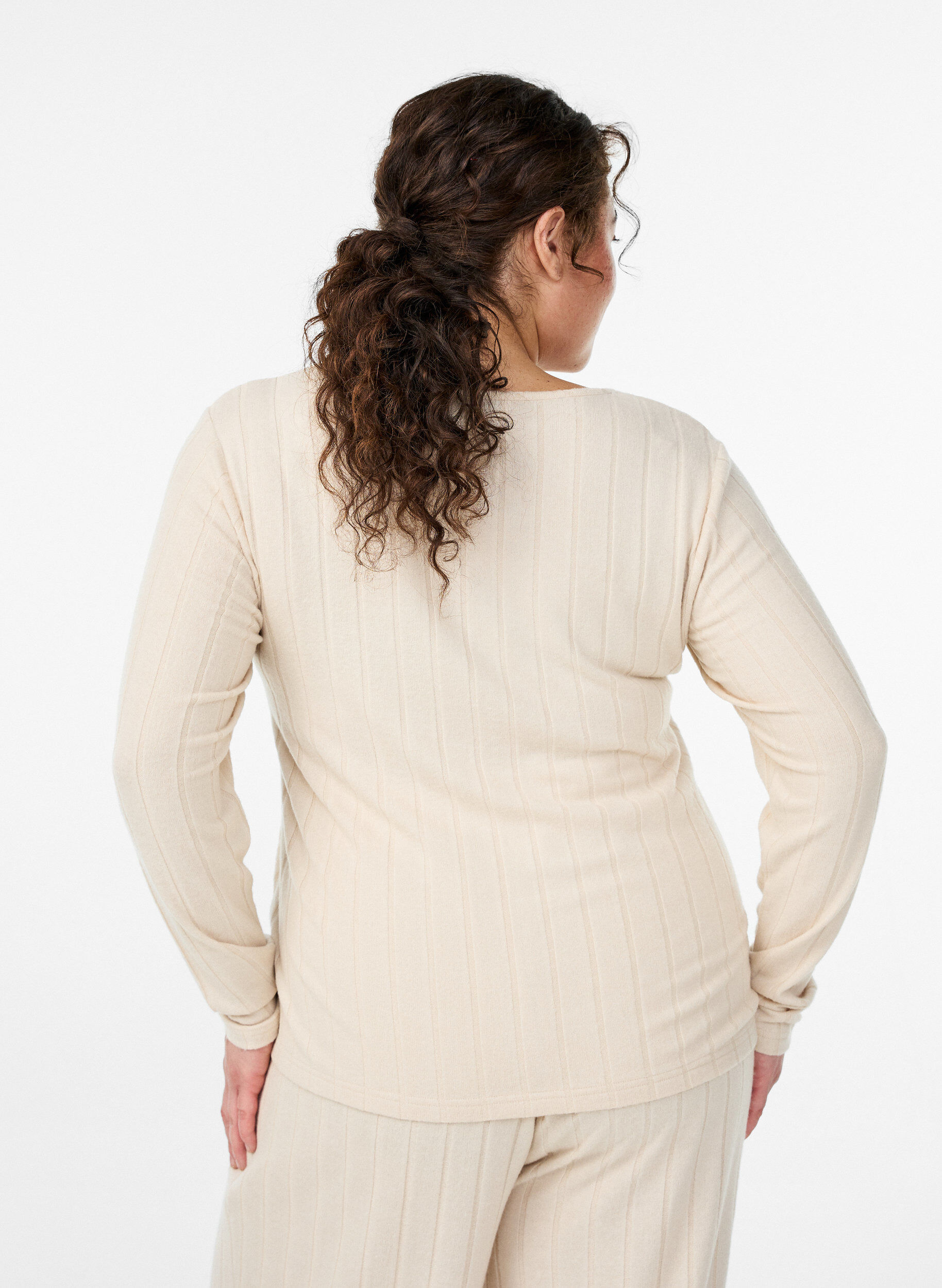 Zizzifashion Jersey blouse with a square neck and ribbed texture, Beige, Model image number 2